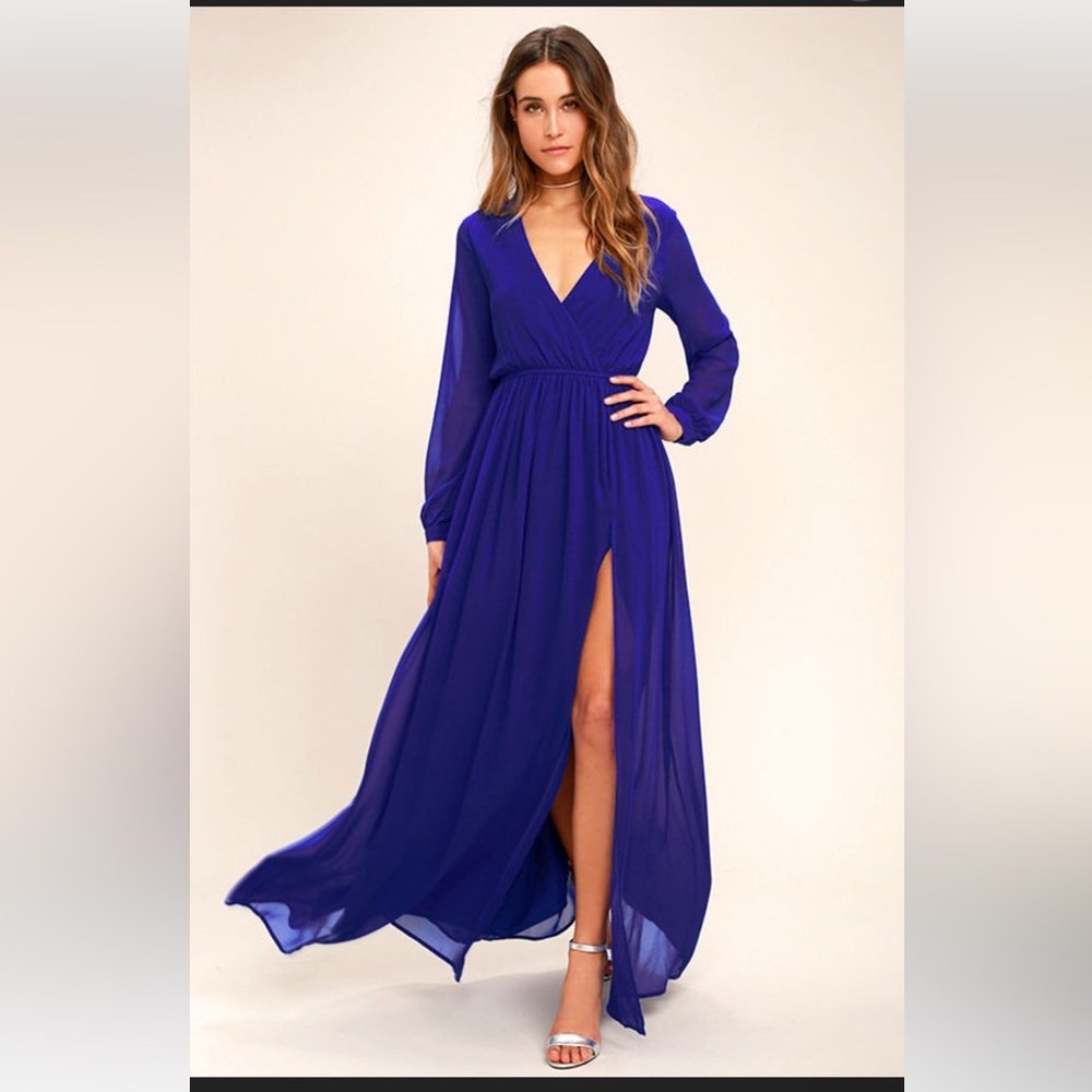 Lulu's Royal Blue Long Sleeve Maxi Chiffon Dress